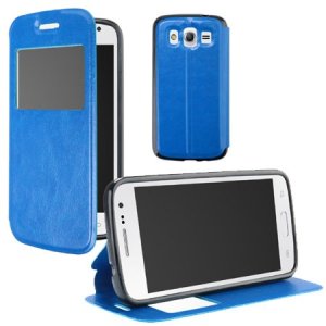 CUSTODIA FLIP ORIZZONTALE PELLE per SAMSUNG G386 GALAXY CORE LTE, G3518 CON FINESTRA ID E INTERNO IN TPU BLU