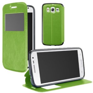 CUSTODIA FLIP ORIZZONTALE PELLE per SAMSUNG G386 GALAXY CORE LTE, G3518 CON FINESTRA ID E INTERNO IN TPU VERDE