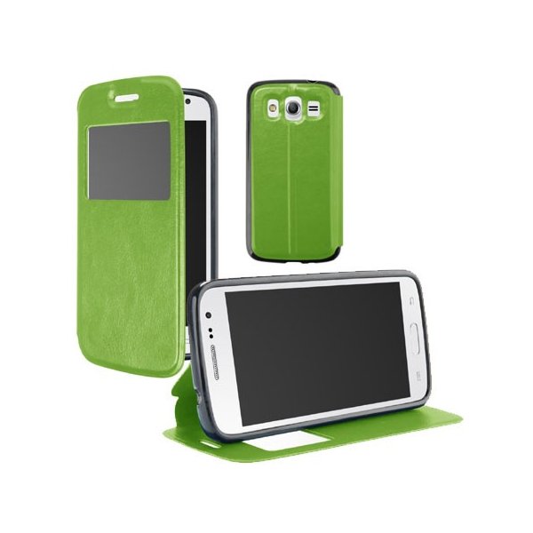 CUSTODIA FLIP ORIZZONTALE PELLE per SAMSUNG G386 GALAXY CORE LTE, G3518 CON FINESTRA ID E INTERNO IN TPU VERDE