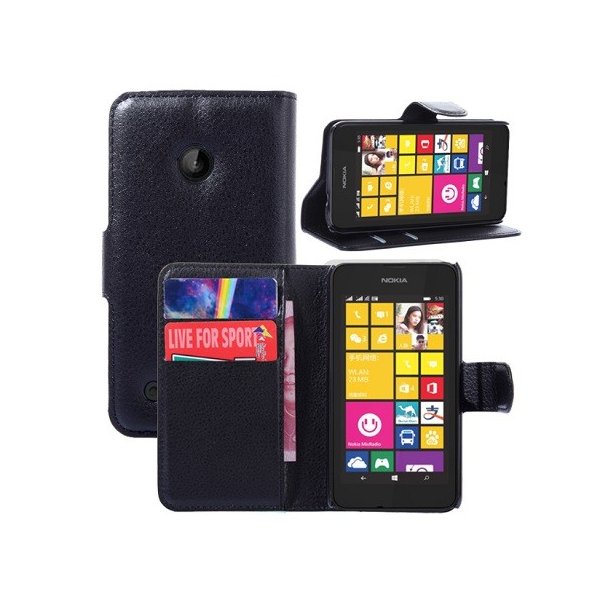 CUSTODIA FLIP ORIZZONTALE PELLE per NOKIA LUMIA 530 CON STAND E TASCHE PORTA CARTE COLORE NERO