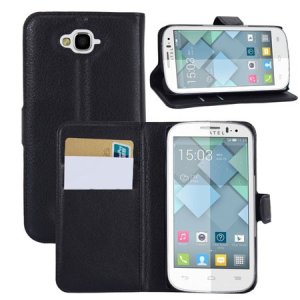 CUSTODIA FLIP ORIZZONTALE PELLE per ALCATEL ONE TOUCH POP C7, ONE TOUCH POP C7 DUAL SIM CON STAND E TASCHE PORTA CARTE NERO