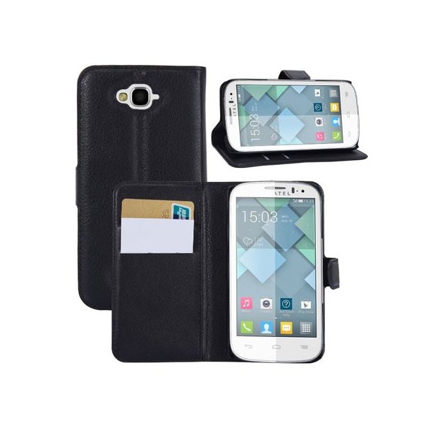 CUSTODIA FLIP ORIZZONTALE PELLE per ALCATEL ONE TOUCH POP C7, ONE TOUCH POP C7 DUAL SIM CON STAND E TASCHE PORTA CARTE NERO