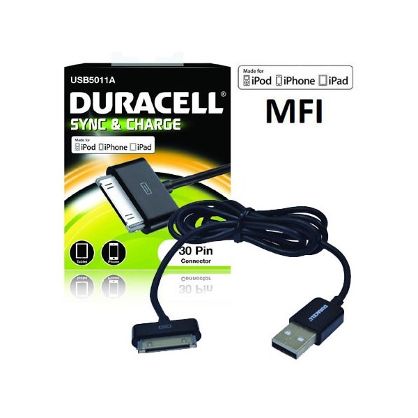 CAVO USB 30 PIN PER DISPOSITIVI APPLE con CERTIFICATO MFI - LUNGHEZZA 1 MT COLORE NERO DURACELL USB5011A BLISTER