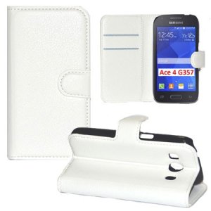 CUSTODIA FLIP ORIZZONTALE PELLE per SAMSUNG G357 GALAXY ACE 4 CON STAND, TASCHE PORTA CARTE E CHIUSURA MAGNETICA COLORE BIANCO