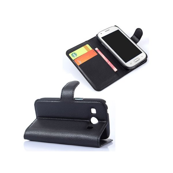 CUSTODIA FLIP ORIZZONTALE PELLE per SAMSUNG G357 GALAXY ACE 4 CON STAND, TASCHE PORTA CARTE E CHIUSURA MAGNETICA COLORE NERO