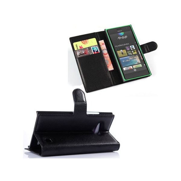 CUSTODIA FLIP ORIZZONTALE PELLE per NOKIA LUMIA 730 DUAL SIM, LUMIA 735 CON STAND E TASCHE PORTA CARTE  COLORE NERO