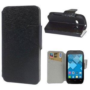 CUSTODIA FLIP ORIZZONTALE SLIM per ALCATEL ONE TOUCH POP C3, POP C2 CON STAND, INTERNO IN TPU E TASCHE PORTA CARTE COLORE NERO