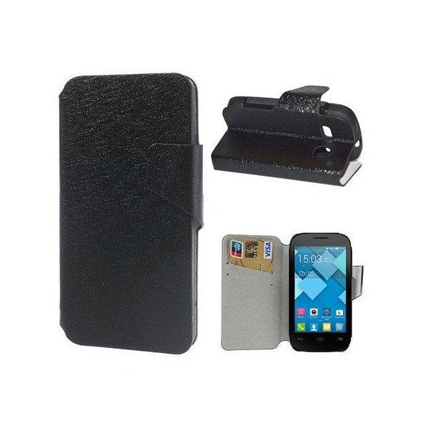 CUSTODIA FLIP ORIZZONTALE SLIM per ALCATEL ONE TOUCH POP C3, POP C2 CON STAND, INTERNO IN TPU E TASCHE PORTA CARTE COLORE NERO