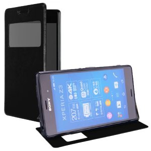 CUSTODIA FLIP ORIZZONTALE PELLE per SONY XPERIA Z3 CON FINESTRA ID ED INTERNO IN TPU SILICONE COLORE NERO