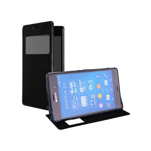 CUSTODIA FLIP ORIZZONTALE PELLE per SONY XPERIA Z3 CON FINESTRA ID ED INTERNO IN TPU SILICONE COLORE NERO