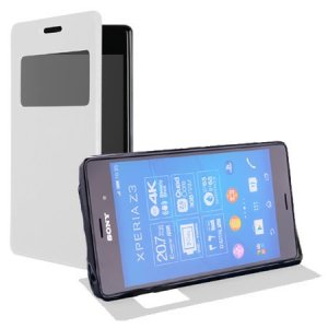 CUSTODIA FLIP ORIZZONTALE PELLE per SONY XPERIA Z3 CON FINESTRA ID ED INTERNO IN TPU SILICONE COLORE BIANCO