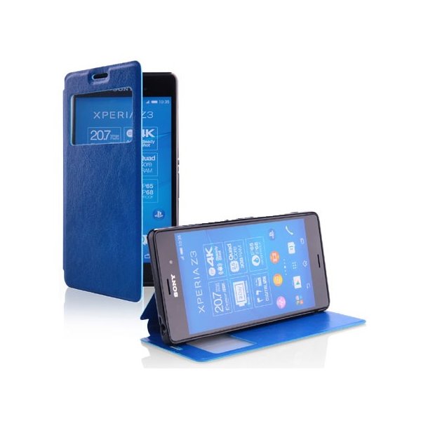 CUSTODIA FLIP ORIZZONTALE PELLE per SONY XPERIA Z3 CON FINESTRA ID ED INTERNO IN TPU SILICONE COLORE BLU