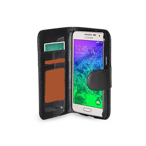 CUSTODIA FLIP ORIZZONTALE PELLE per SAMSUNG G850 GALAXY ALPHA CON TASCHE PORTA CARTE COLORE NERO