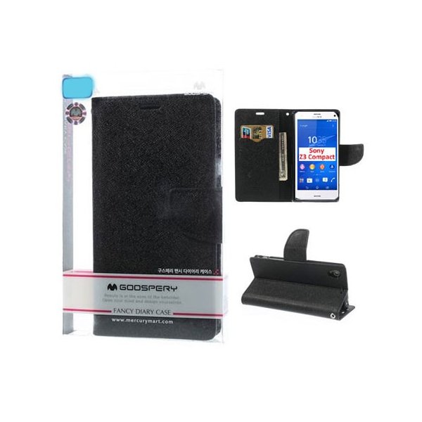 CUSTODIA FLIP ORIZZONTALE per SONY XPERIA Z3 COMPACT CON INTERNO IN TPU, STAND E PORTA CARTE NERO FANCY DIARY BLISTER MERCURY