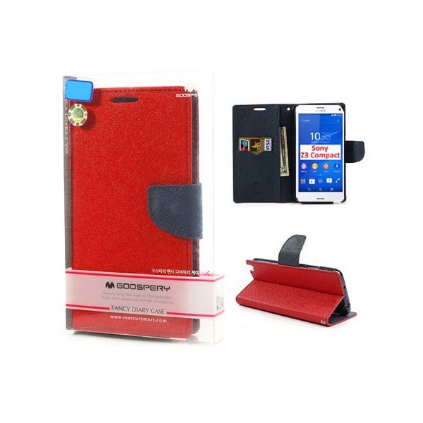 CUSTODIA FLIP ORIZZONTALE per SONY XPERIA Z3 COMPACT CON INTENO IN TPU, STAND E PORTA CARTE ROSSO FANCY DIARY BLISTER MERCURY