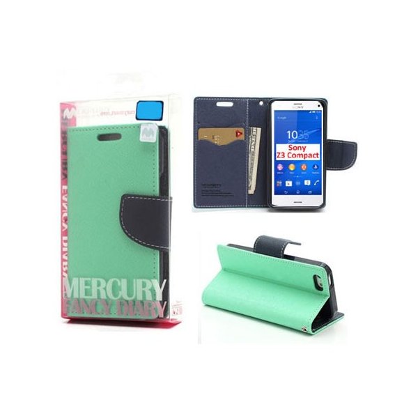 CUSTODIA FLIP ORIZZONTALE per SONY XPERIA Z3 COMPACT CON INTERNO IN TPU, STAND E PORTA CARTE VERDE ACQUA FANCY BLISTER MERCURY