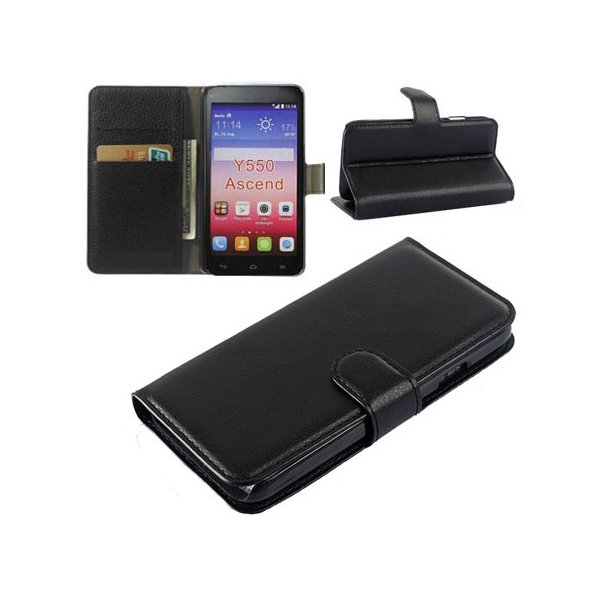 CUSTODIA FLIP ORIZZONTALE PELLE per HUAWEI ASCEND Y550 CON STAND, TASCHE PORTA CARTE E CHIUSURA MAGNETICA COLORE NERO