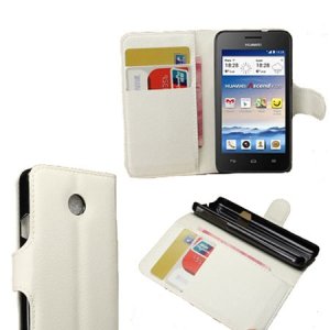 CUSTODIA FLIP ORIZZONTALE PELLE per HUAWEI ASCEND Y330 CON STAND E TASCHE PORTA CARTE COLORE BIANCO