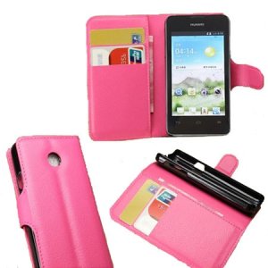 CUSTODIA FLIP ORIZZONTALE PELLE per HUAWEI ASCEND Y330 CON STAND E TASCHE PORTA CARTE COLORE ROSA