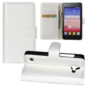 CUSTODIA FLIP ORIZZONTALE PELLE per HUAWEI ASCEND Y550 CON STAND, TASCHE PORTA CARTE E CHIUSURA MAGNETICA COLORE BIANCO