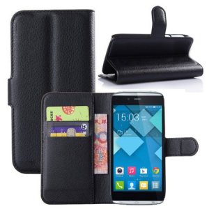 CUSTODIA FLIP ORIZZONTALE PELLE per ALCATEL ONE TOUCH IDOL ALPHA 6032, S860 CON STAND E TASCHE PORTA CARTE COLORE NERO