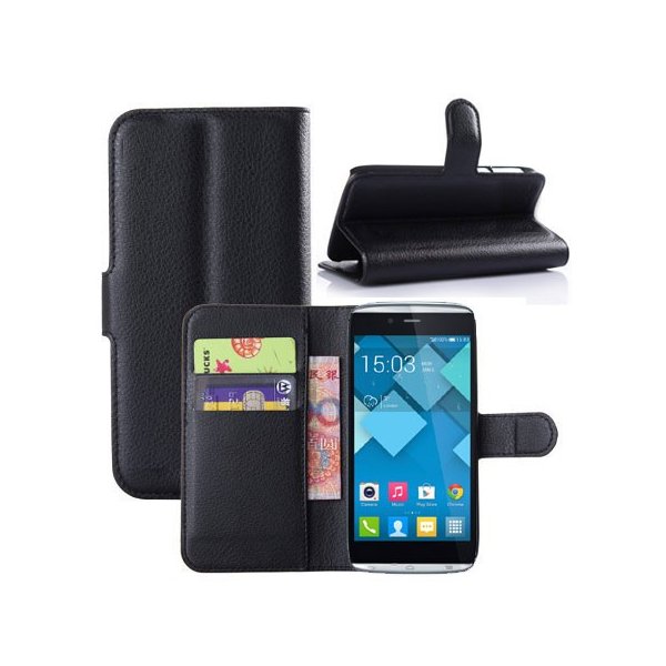 CUSTODIA FLIP ORIZZONTALE PELLE per ALCATEL ONE TOUCH IDOL ALPHA 6032, S860 CON STAND E TASCHE PORTA CARTE COLORE NERO