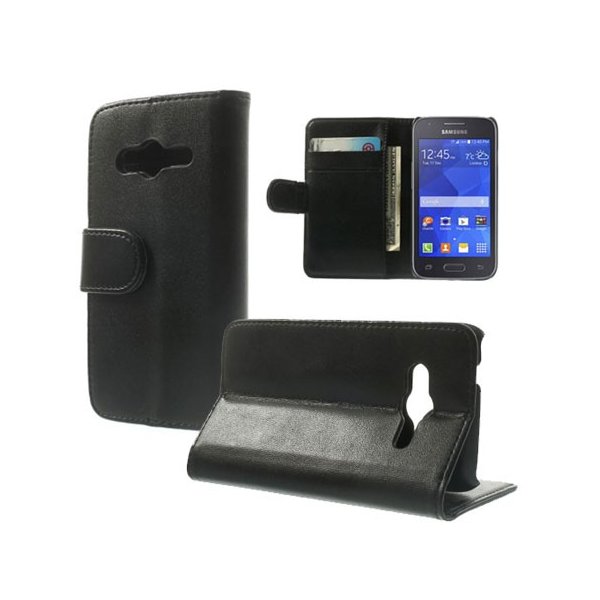 CUSTODIA FLIP ORIZZONTALE PELLE per SAMSUNG G313H GALAXY TREND 2,  G318 TREND 2 LITE CON STAND E TASCHE PORTA CARTE COLORE NERO