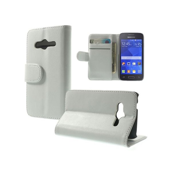 CUSTODIA FLIP ORIZZONTALE PELLE per SAMSUNG G313H GALAXY TREND 2, G318 TREND 2 LITE CON STAND E TASCHE PORTA CARTE COLORE BIANCO