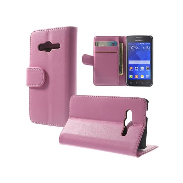 CUSTODIA FLIP ORIZZONTALE PELLE per SAMSUNG G313H GALAXY TREND 2,  G318 TREND 2 LITE CON STAND E TASCHE PORTA CARTE COLORE ROSA