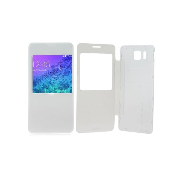 CUSTODIA FLIP ORIZZONTALE PELLE ULTRA SLIM per SAMSUNG G850 GALAXY ALPHA  CON FINESTRA IDENTIFICATIVO CHIAMANTE COLORE BIANCO