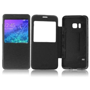 CUSTODIA FLIP ORIZZONTALE PELLE ULTRA SLIM per SAMSUNG G850 GALAXY ALPHA  CON FINESTRA IDENTIFICATIVO CHIAMANTE COLORE NERO