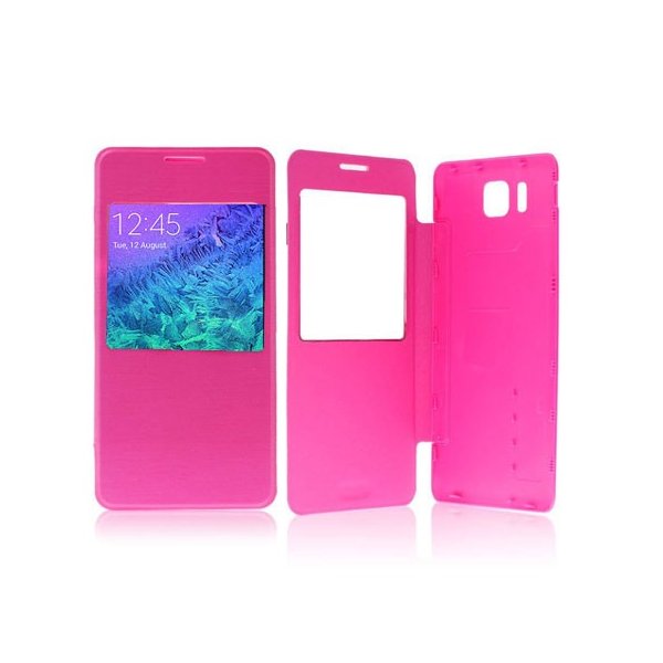 CUSTODIA FLIP ORIZZONTALE PELLE ULTRA SLIM per SAMSUNG G850 GALAXY ALPHA  CON FINESTRA IDENTIFICATIVO CHIAMANTE COLORE ROSA