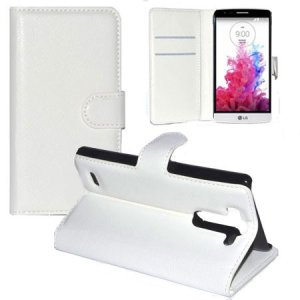 CUSTODIA FLIP ORIZZONTALE PELLE per LG G3s D722, G3s DUAL D728 CON STAND, PORTA CARTE E CHIUSURA MAGNETICA COLORE BIANCO