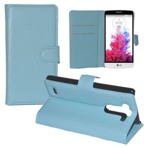 CUSTODIA FLIP ORIZZONTALE PELLE per LG G3s D722, G3s DUAL D728 CON STAND, PORTA CARTE E CHIUSURA MAGNETICA COLORE AZZURRO