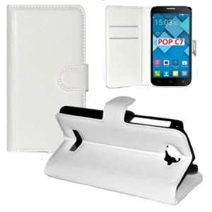 CUSTODIA FLIP ORIZZONTALE PELLE per ALCATEL ONE TOUCH POP C7, ONE TOUCH POP C7 DUAL SIM CON STAND E TASCHE PORTA CARTE BIANCO