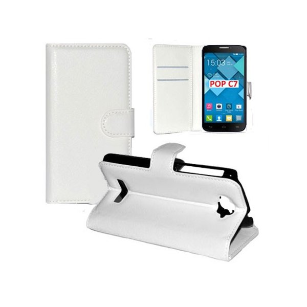 CUSTODIA FLIP ORIZZONTALE PELLE per ALCATEL ONE TOUCH POP C7, ONE TOUCH POP C7 DUAL SIM CON STAND E TASCHE PORTA CARTE BIANCO