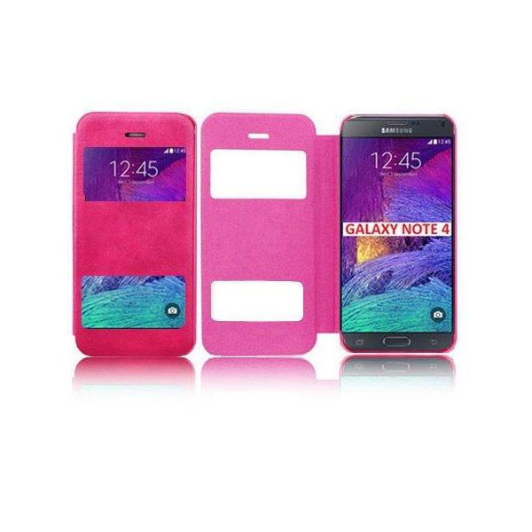 CUSTODIA FLIP ORIZZONTALE per SAMSUNG GALAXY NOTE 4  CON DOPPIA FINESTRA IDENTIFICATIVO CHIAMANTE COLORE ROSA