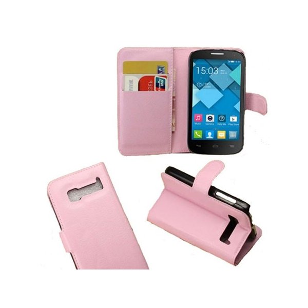 CUSTODIA FLIP ORIZZONTALE PELLE per ALCATEL ONE TOUCH POP C5 CON STAND E TASCHE PORTA CARTE COLORE ROSA