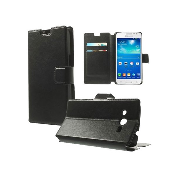 CUSTODIA FLIP ORIZZONTALE PELLE per SAMSUNG G386 GALAXY CORE LTE, G3518  CON STAND E TASCHE PORTA CARTE COLORE NERO