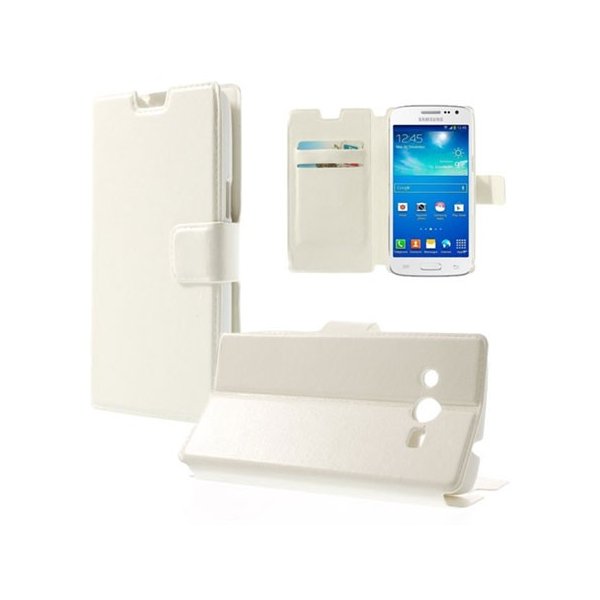 CUSTODIA FLIP ORIZZONTALE PELLE per SAMSUNG G386 GALAXY CORE LTE, G3518  CON STAND E TASCHE PORTA CARTE COLORE BIANCO