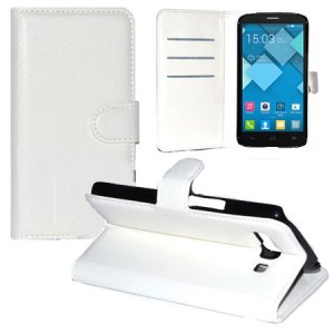 CUSTODIA FLIP ORIZZONTALE PELLE per ALCATEL ONE TOUCH POP C9, OT-7047 CON STAND, PORTA CARTE E CHIUSURA MAGNETICA COLORE BIANCO