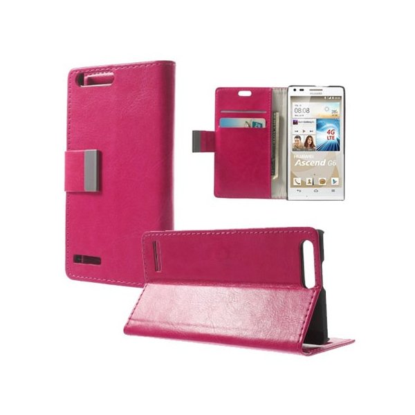 CUSTODIA FLIP ORIZZONTALE PELLE per HUAWEI ASCEND G6 LTE 4G, ASCEND P7 MINI CON STAND E TASCHE PORTA CARTE COLORE ROSA