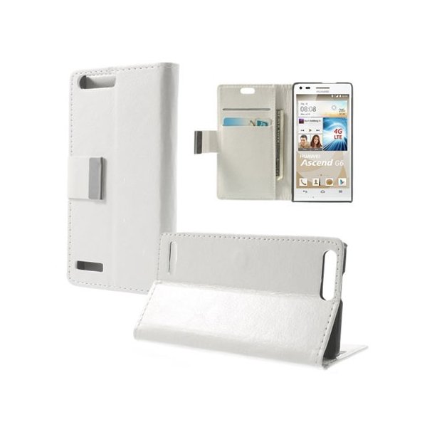 CUSTODIA FLIP ORIZZONTALE PELLE per HUAWEI ASCEND G6 LTE 4G, ASCEND P7 MINI CON STAND E TASCHE PORTA CARTE COLORE BIANCO