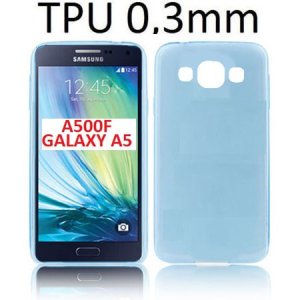 CUSTODIA GEL TPU SILICONE ULTRA SLIM 0,3mm per SAMSUNG SM-A500 GALAXY A5 (NO VERSIONE 2016) COLORE AZZURRO TRASPARENTE