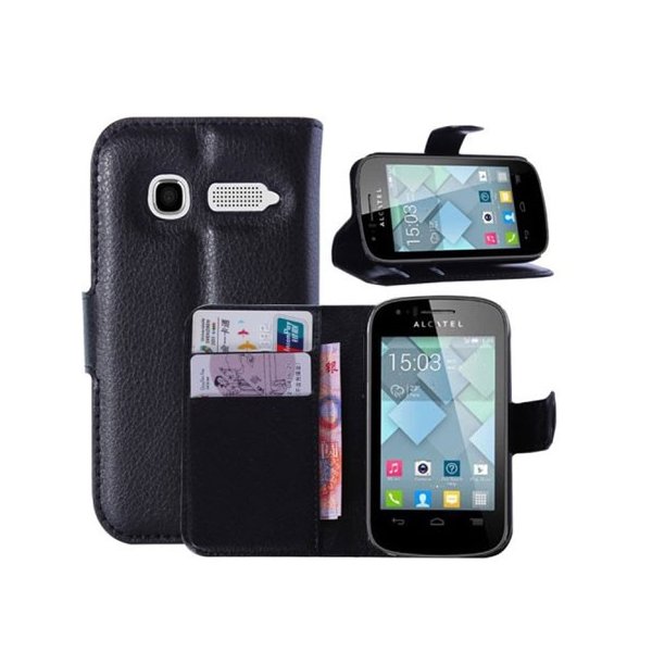 CUSTODIA FLIP ORIZZONTALE PELLE per ALCATEL ONE TOUCH POP C1 CON STAND, PORTA CARTE E CHIUSURA MAGNETICA COLORE NERO