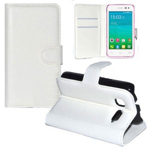 CUSTODIA FLIP ORIZZONTALE PELLE per ALCATEL ONE TOUCH POP C1 CON STAND, PORTA CARTE E CHIUSURA MAGNETICA COLORE BIANCO