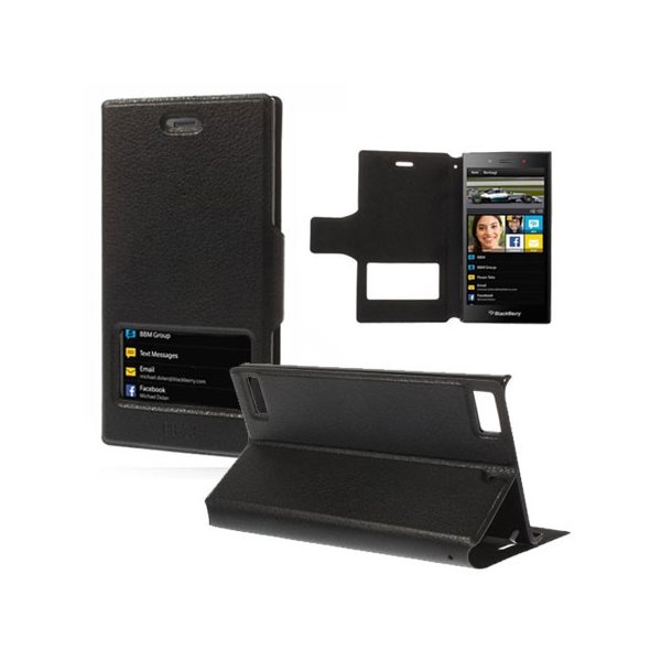 CUSTODIA FLIP ORIZZONTALE PELLE per BLACKBERRY Z3 CON FINESTRA, STAND E CHIUSURA MAGNETICA COLORE NERO