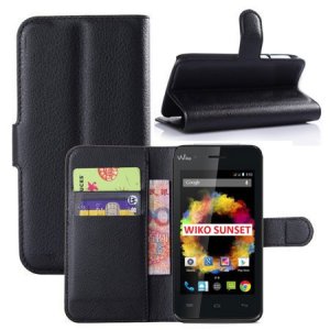 CUSTODIA FLIP ORIZZONTALE PELLE per WIKO SUNSET CON STAND, TASCHE PORTA CARTE E CHIUSURA MAGNETICA COLORE NERO