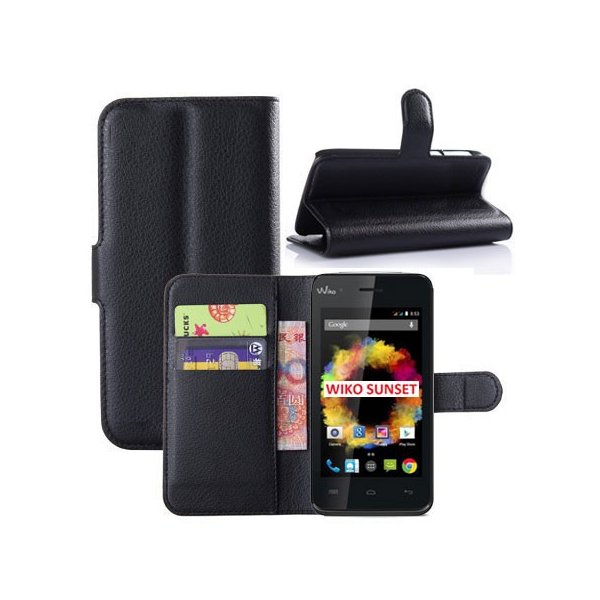 CUSTODIA FLIP ORIZZONTALE PELLE per WIKO SUNSET CON STAND, TASCHE PORTA CARTE E CHIUSURA MAGNETICA COLORE NERO