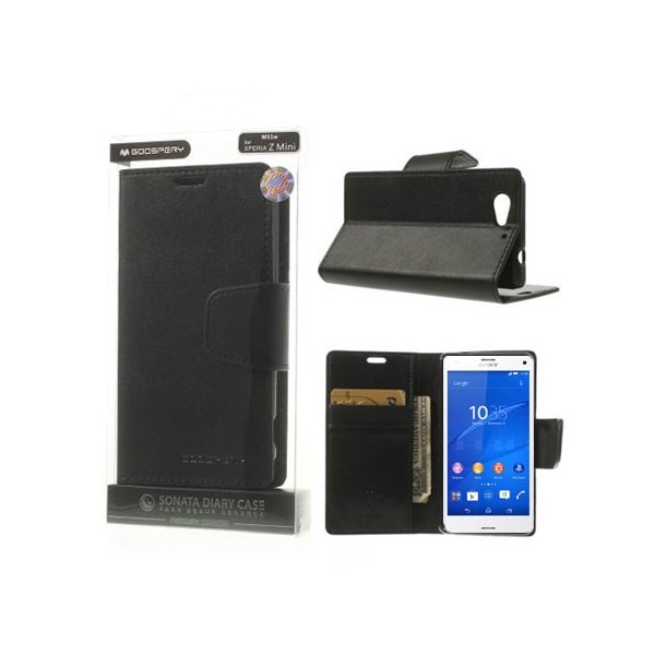 CUSTODIA FLIP ORIZZONTALE PELLE per SONY XPERIA Z3 COMPACT CON INTERNO IN TPU SILICONE E STAND NERO SONATA BLISTER